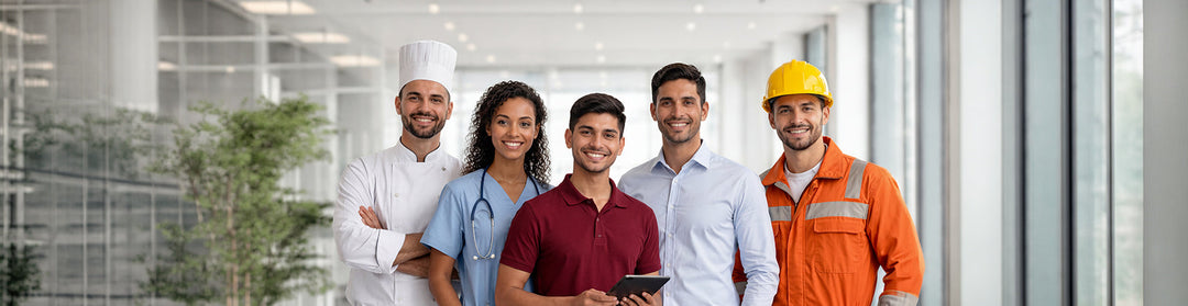 Group of professionals wearing different industry uniforms including chef, healthcare worker, corporate employee, and industrial worker representing modern business workwear.