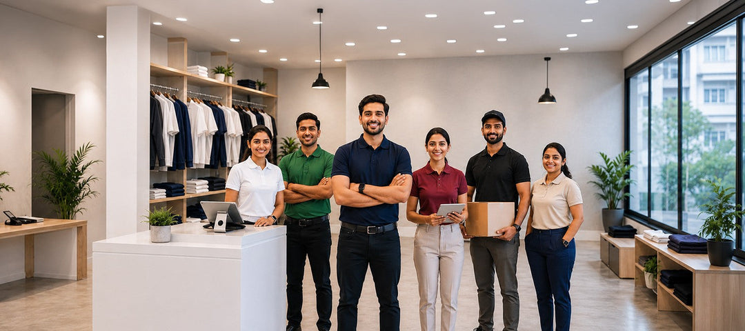 A professional business team wearing branded polo t-shirts in multiple colours inside a modern uniform store in India