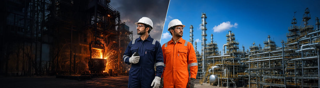 Workers wearing fire-resistant coveralls at a steel plant and oil refinery in India