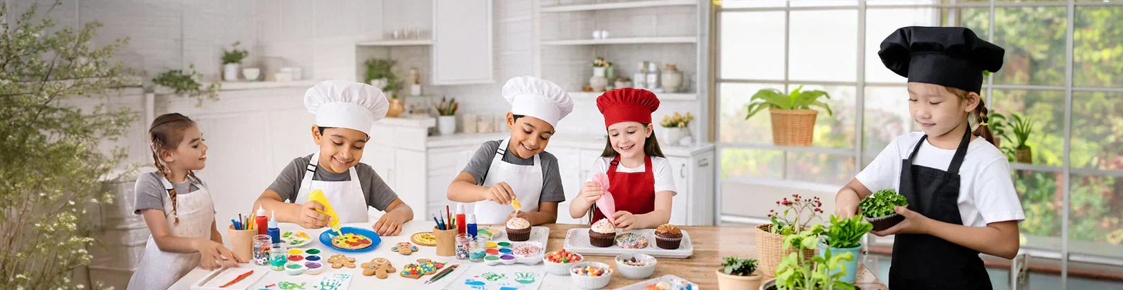 Kids wearing apron and chef cap while cooking, painting, and learning creative activities at school and home