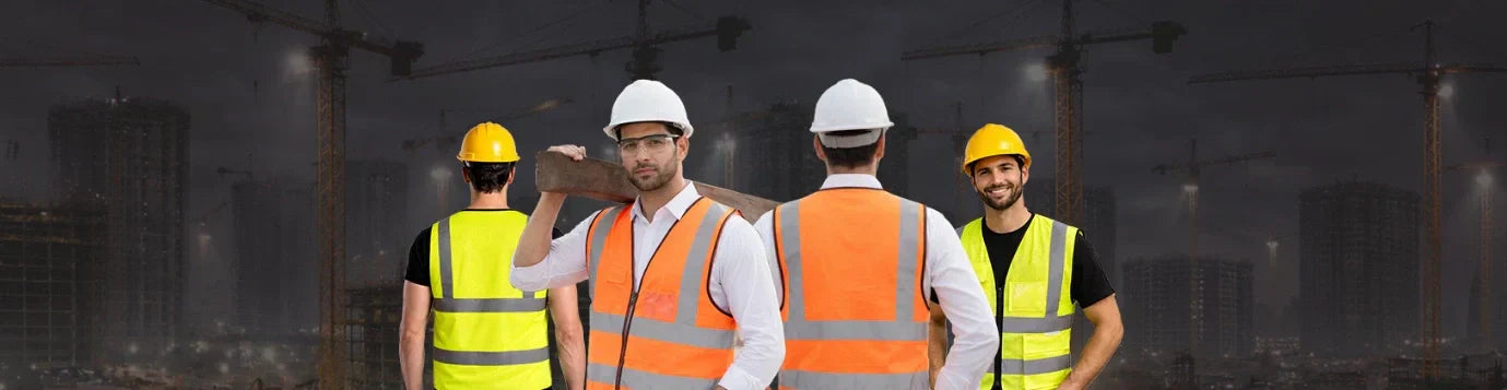 Construction workers wearing premium high-visibility safety vest jackets with reflective strips at an industrial worksite