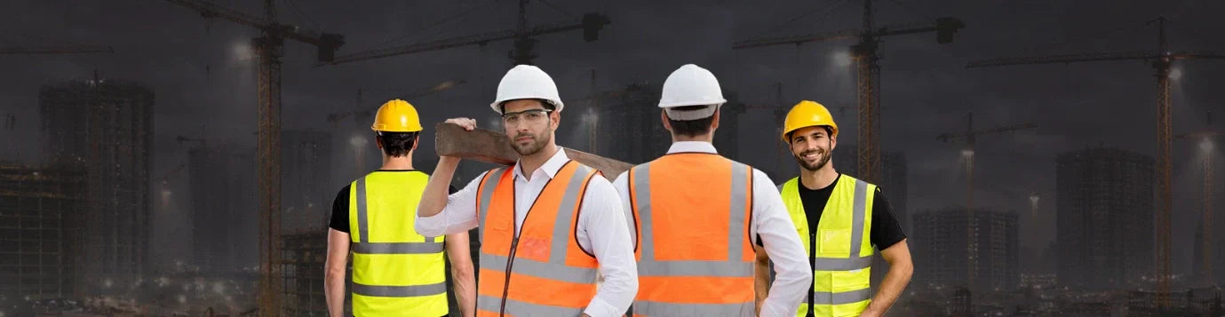 Construction workers wearing premium high-visibility safety vest jackets with reflective strips at an industrial worksite