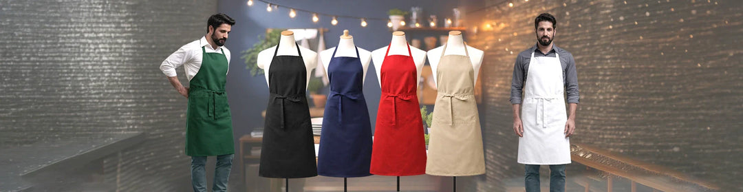 Professional work aprons in multiple colors displayed in a modern kitchen setting with chefs wearing durable uniform aprons