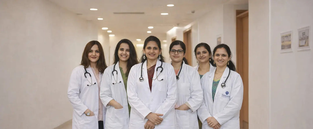 Group of female doctors wearing white lab coats and stethoscopes standing in a hospital corridor