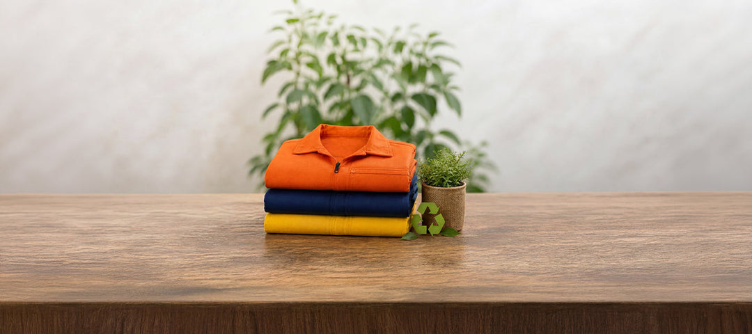 Eco-friendly sustainable workwear uniforms stacked neatly with green plant symbolizing circular fashion and environmentally responsible uniform solutions