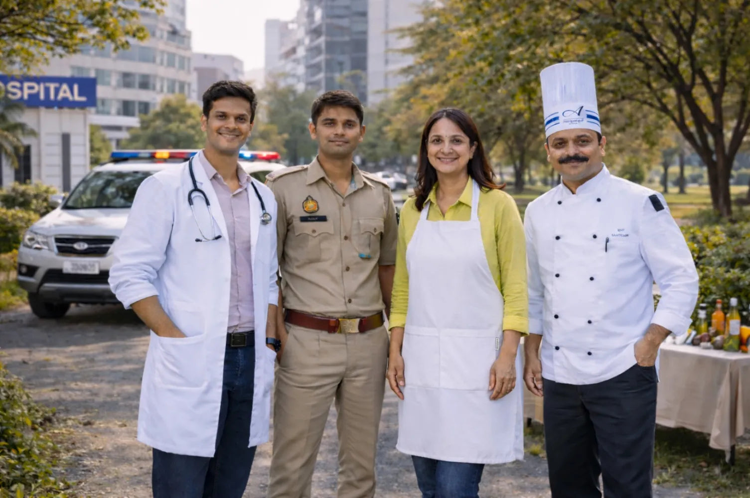Doctor, police officer, hospitality staff and chef wearing professional uniforms by Uniformer in India