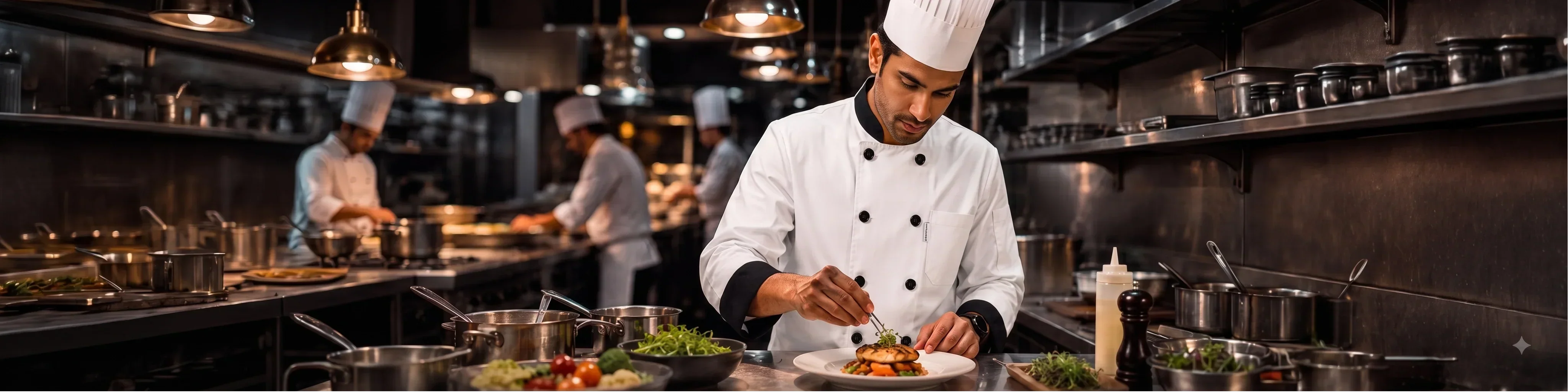 Professional chef wearing a double-breasted chef coat in a commercial kitchen