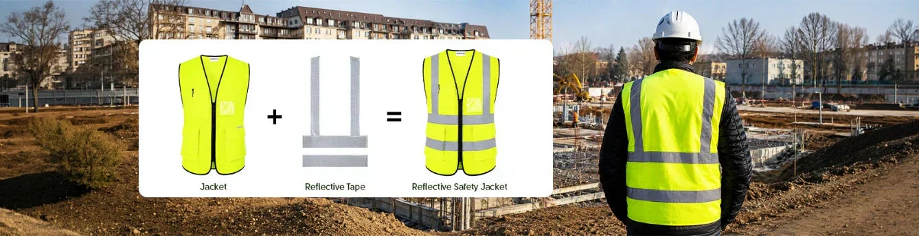 Worker wearing bright safety vest with reflective strips at an industrial construction site