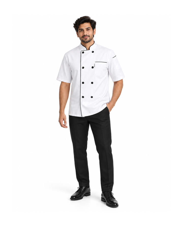 uniformer Half-Sleeve Chef Coat for Men with Black Piping