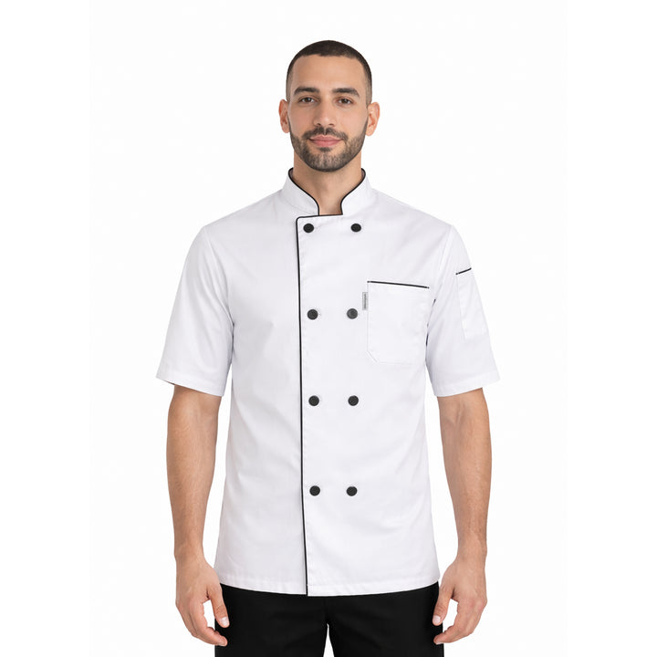 uniformer Half-Sleeve Chef Coat for Men with Black Piping