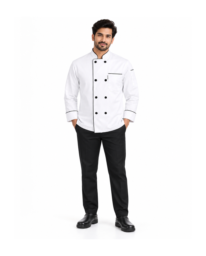 uniformer Full-Sleeve Chef Coat for Men with Black Piping