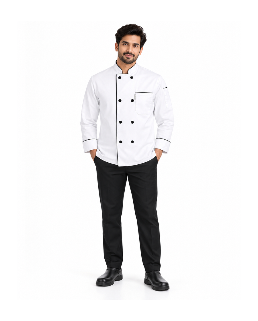 uniformer Full-Sleeve Chef Coat for Men with Black Piping #color_white