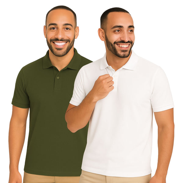 uniformer Half Sleeves Polo T-Shirt for Men (White & Olive Green_Pack of 2)