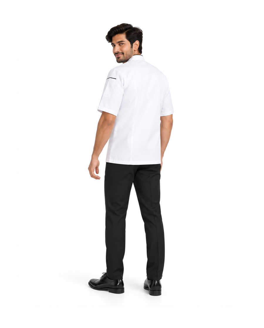 uniformer Half-Sleeve Chef Coat for Men with Black Piping
#color_white