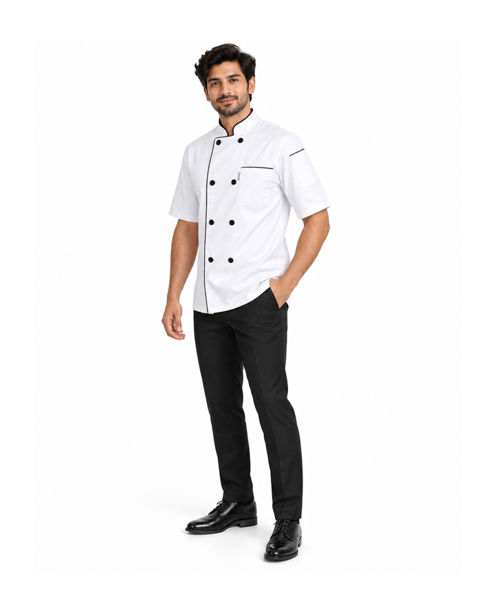 uniformer Half-Sleeve Chef Coat for Men with Black Piping