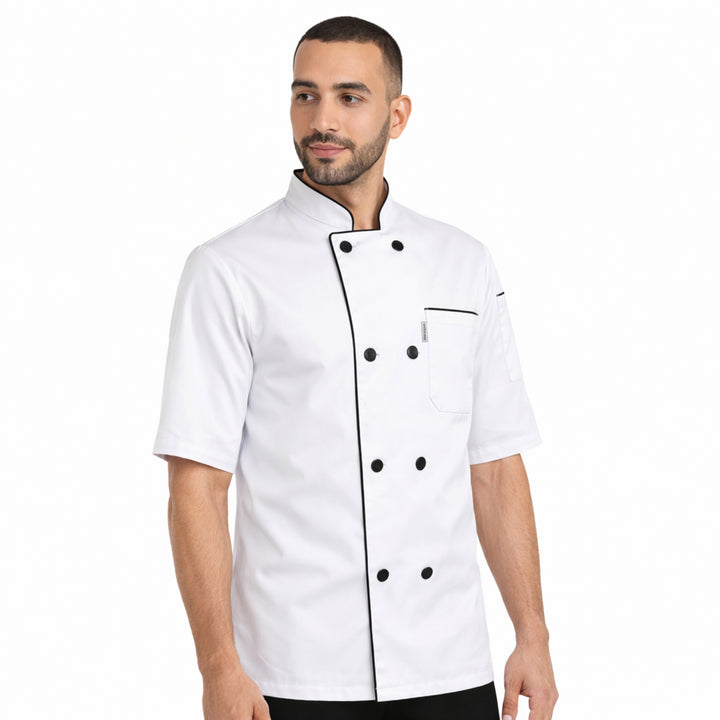 uniformer Half-Sleeve Chef Coat for Men with Black Piping