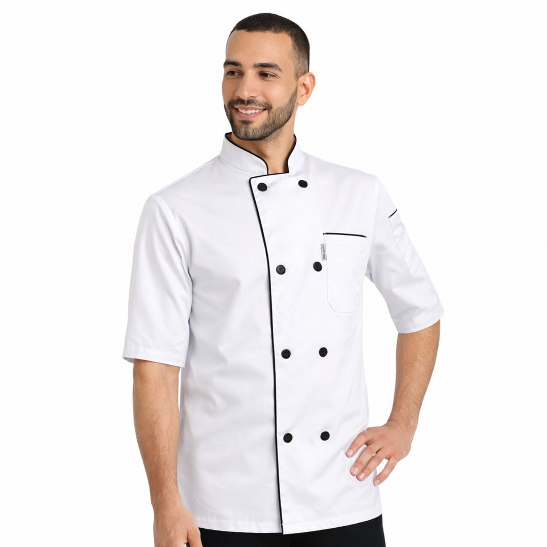 uniformer Half-Sleeve Chef Coat for Men with Black Piping