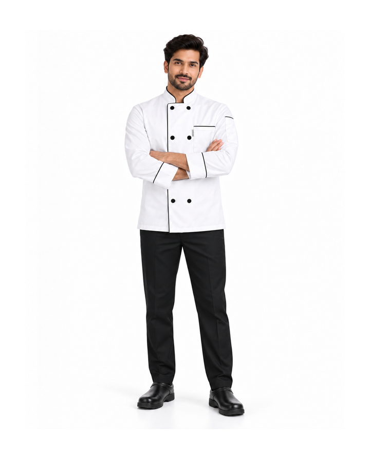 uniformer Full-Sleeve Chef Coat for Men with Black Piping