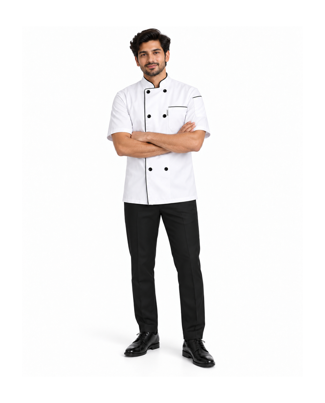 uniformer Half-Sleeve Chef Coat for Men with Black Piping