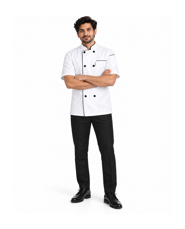 uniformer Half-Sleeve Chef Coat for Men with Black Piping
