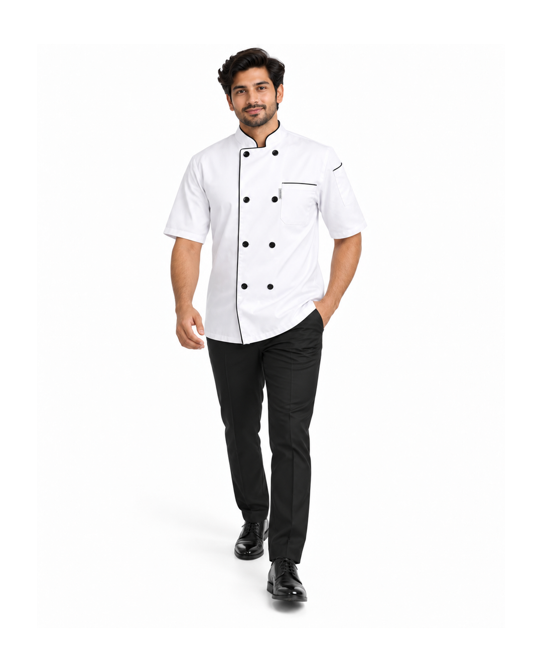 uniformer Half-Sleeve Chef Coat for Men with Black Piping