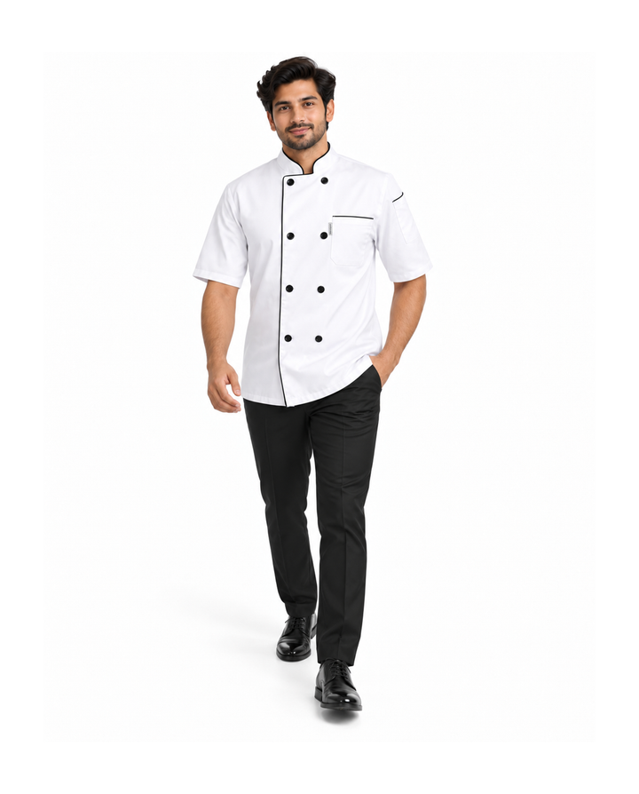 uniformer Half-Sleeve Chef Coat for Men with Black Piping