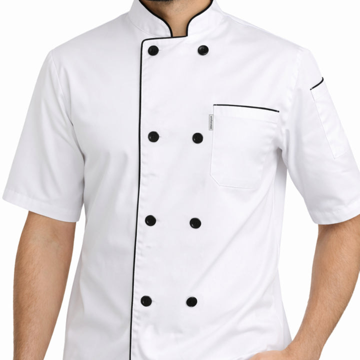uniformer Half-Sleeve Chef Coat for Men with Black Piping